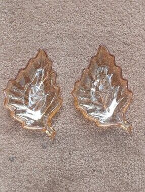 Set Of Two,, Vintage Jeanette Iridescent Marigold Carnival Glass Leaf Shape Dish